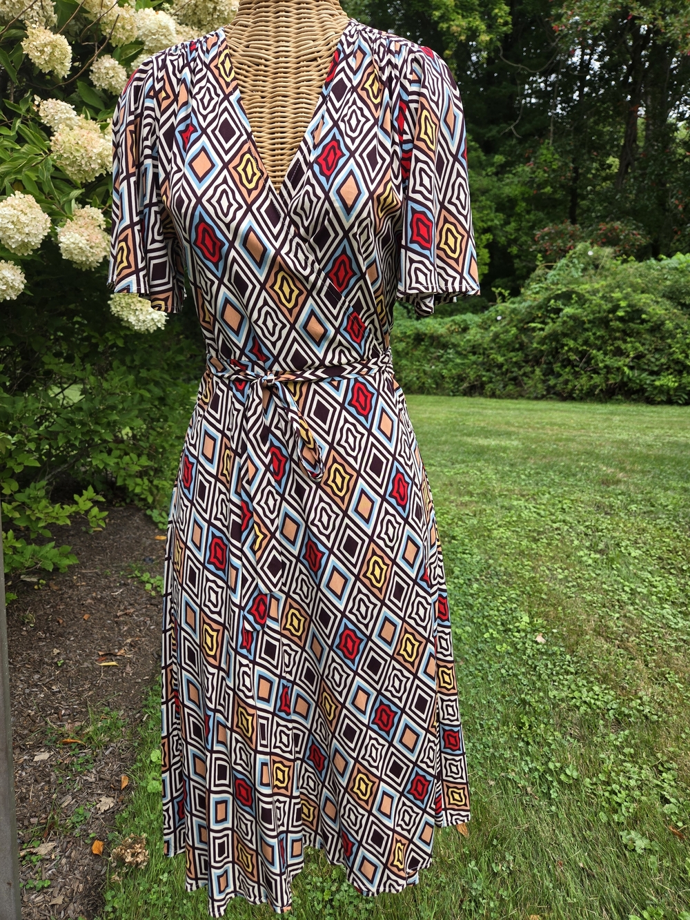 Anthro Diamond-Print Wrap Midi Dress in Multi Color
